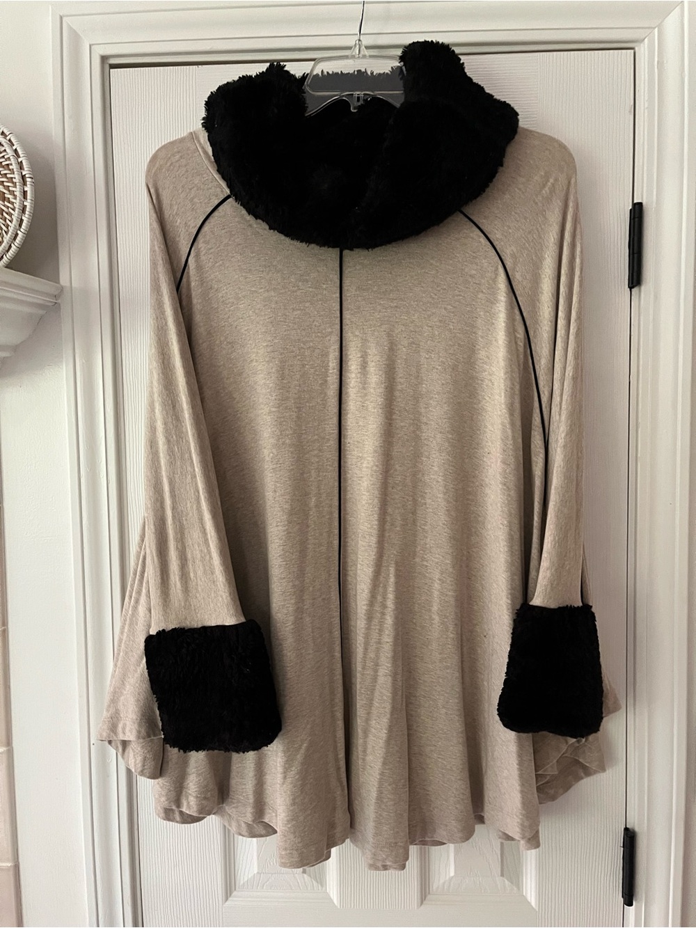 Saks Fifth Avenue Beige Swing Capelet Cardigan with Black Faux Fur Trim